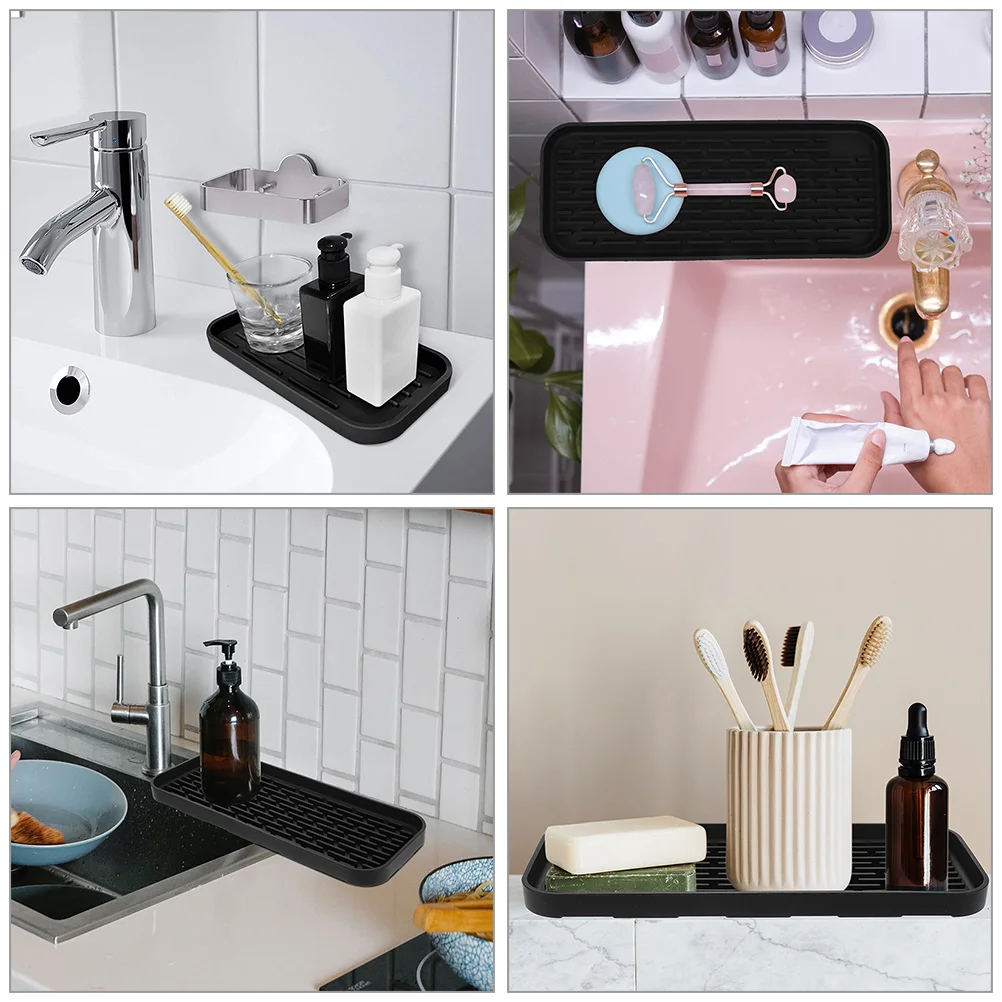 

2Pcs Black Silicone Storage Tray Rectangle Large Bathroom Vanity Sink Sponge Holder Kitchen Countertop Drying Mat Jewelry Plate