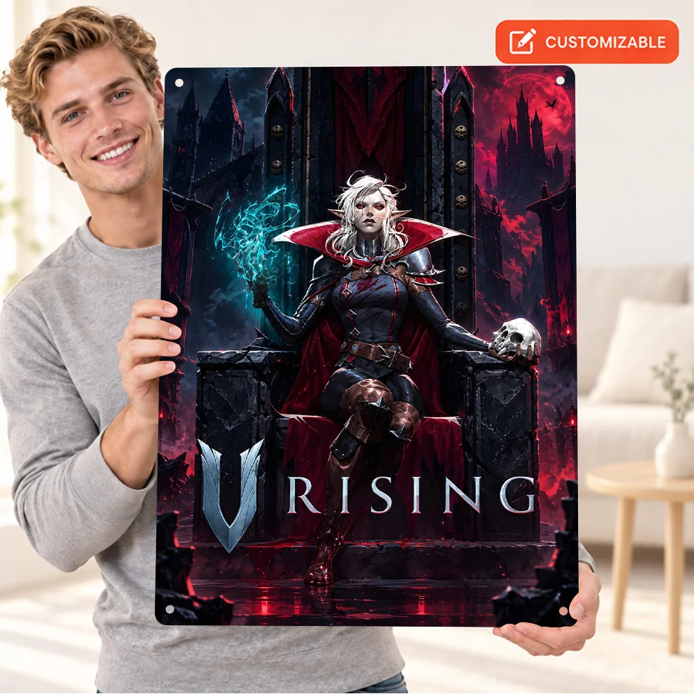 V Rising Vampire Queen Throne Textured Metal Poster Personalized Aluminum Sign Dark Fantasy Illustration Wall Art For Bedroom