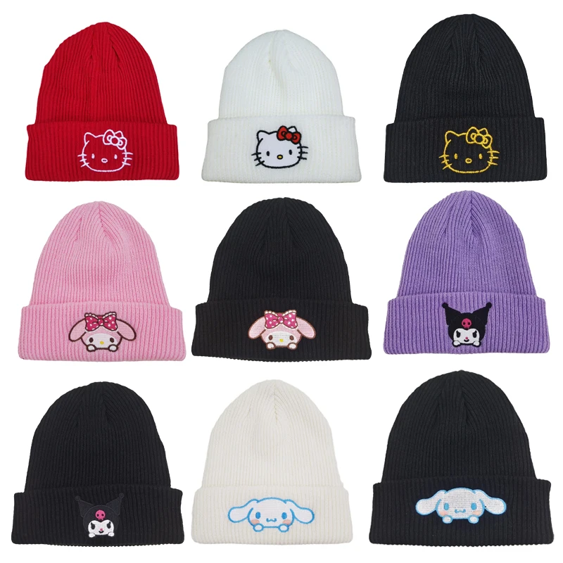 Cute Hello Kitty  cartoon Sanrio embroidery knit hat Cinnamon beanie  Kuromi pullover hat cat warm hat 2024 new style