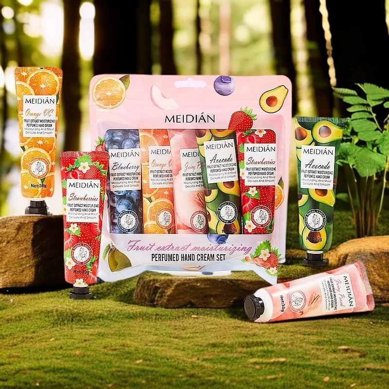 Coffret de cinq crèmes pour les mains parfumées aux fruits, hydratantes et à parfum longue durée. Crème masque pour les mains