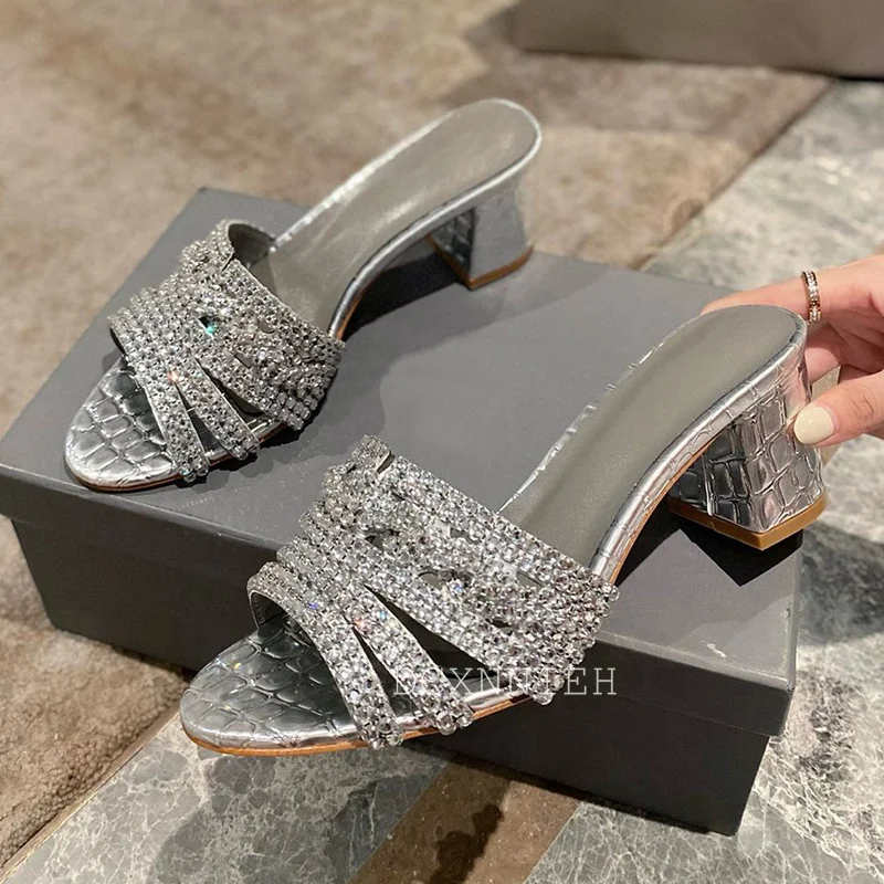 New Rhinestone Decor Thick Heel Slippers Women\'s One Strap Solid Color Open Toe Sandals Summer Sexy Party Dress Shoes Pumps