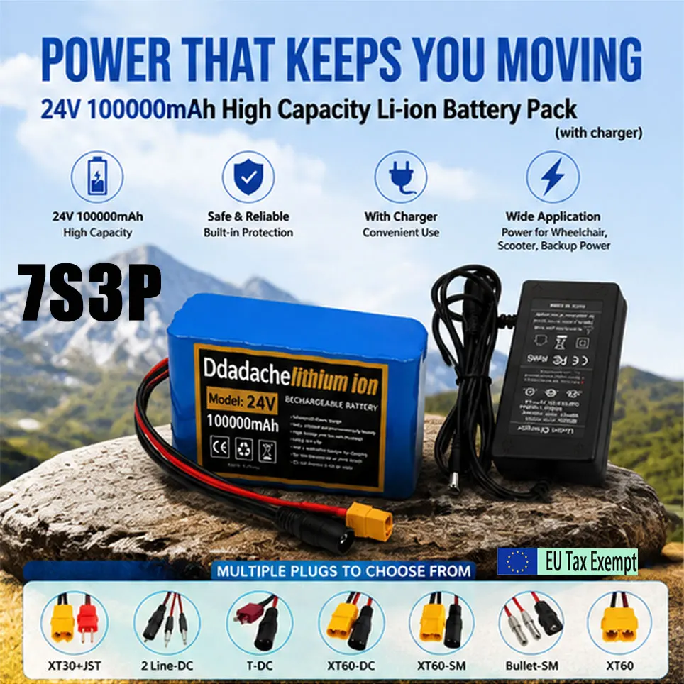 Polen Lager 7S3P 24V 100Ah Wiederaufladbarer 18650 Lithium-Ionen-Akku mit 29,4V 2A Ladegerät Ersatzakku Passend für E-Bike Elektrofahrrad Moped Roller