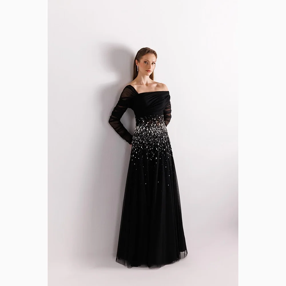 

Индивидуальные вечерние платья на одно плечо с длинными рукавами, кружевные платья для выпускного вечера с кристаллами, черное прямое платье для выпускного вечера в пол