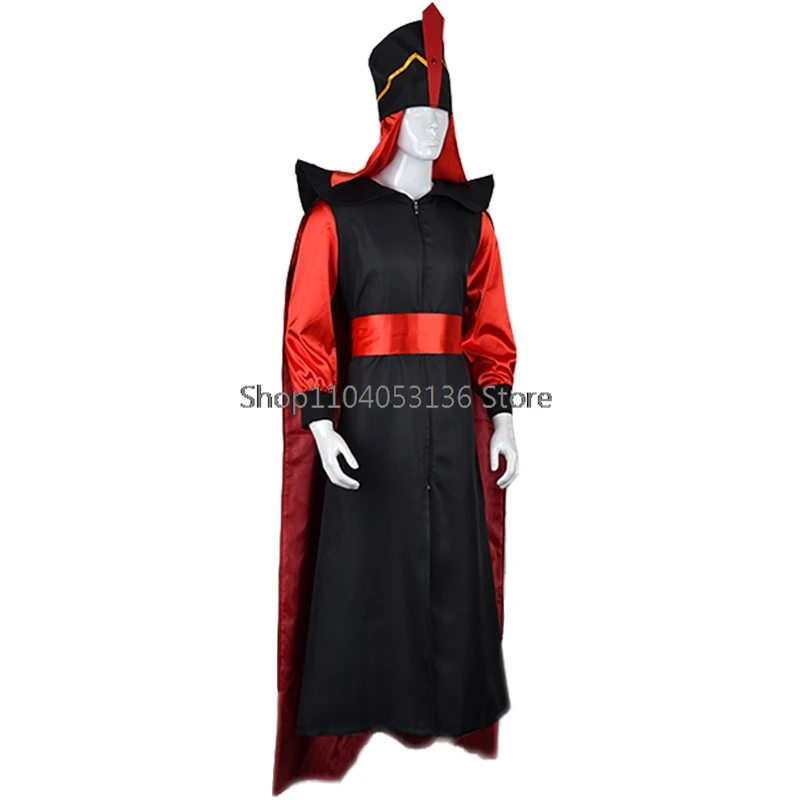 Film Jafar Cosplay Kostuum Jumpsuit Mantel Met Hoed Voor Mannen Vrouwen Outfits Halloween Carnaval Feest Roleplay Pak