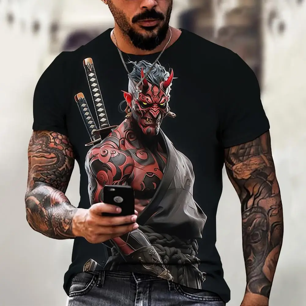 Retro Men's T-Shirt 3d Japanese Ghost Warrior Print Male Clothing Street Harajuku Short Sleeve Top Tees Daily Casual Sweatshirt