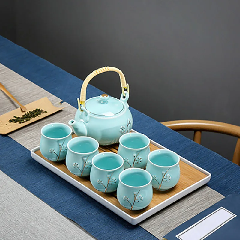 Chinese Style Porcelain Tea Set, Ceramic Kung Fu Infuser, Teapot, Kettle, Portable, Ceremony, Teaware with Tray, 1 Pot, 6 Cups