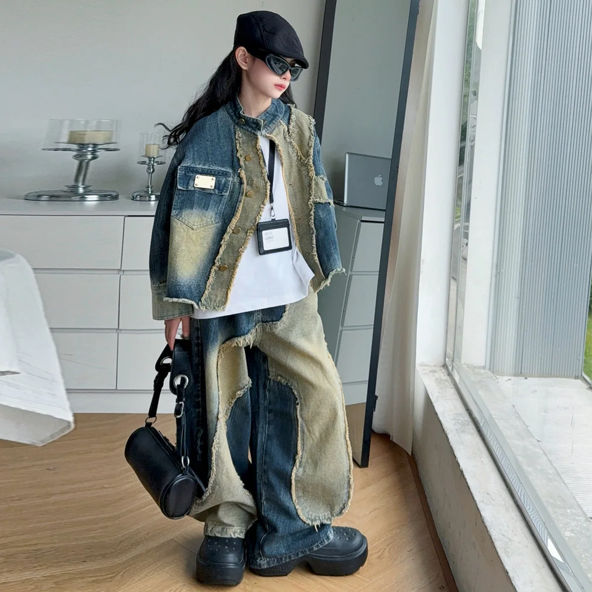 

Autumn School Girl 3pcs Set Solid Undershirt+Single-breasted Coat+Wide Leg Jean 4-14Y Girl Denim Outfit Kid Girl Patchwork Suit