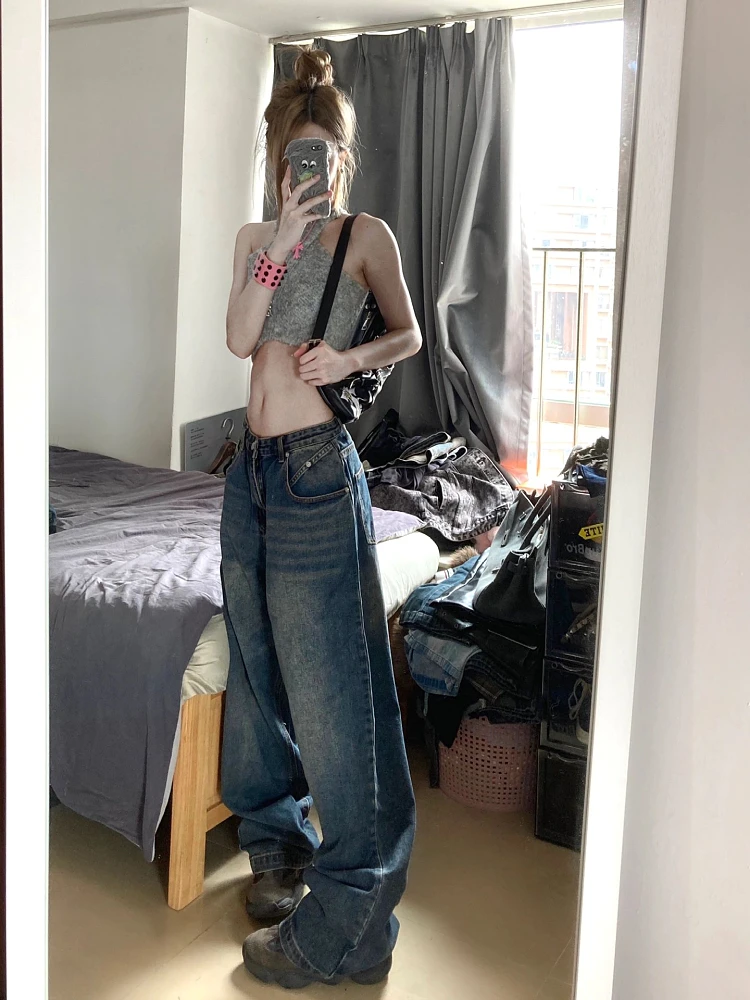 Woman New Trend Aesthetics Jeans American Style Japanese Fashion Denim Pants Grunge All-match Pockets Wash Wide Leg Batik