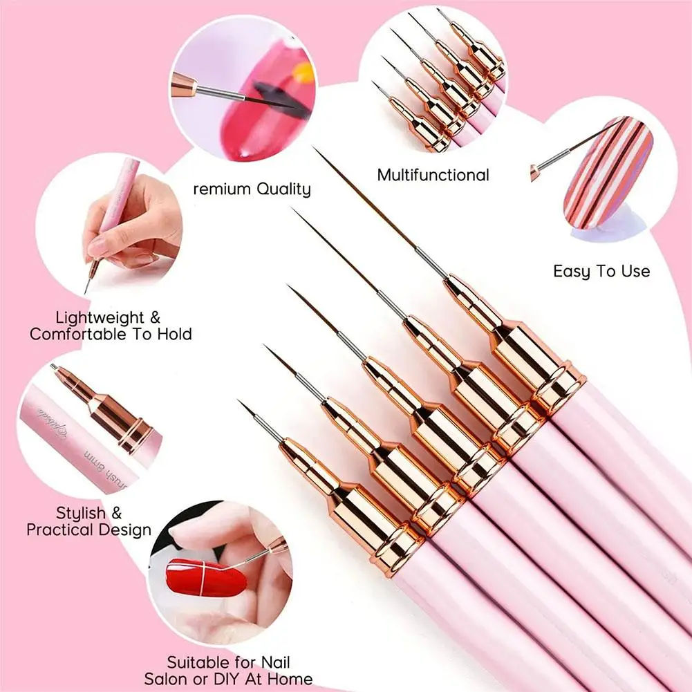 5pcs Nail Art Liner Brush Set Professional UV Gel Nail Brushes Kit French Stripe Line Painting Drawing Flower Pen Manicure Tool