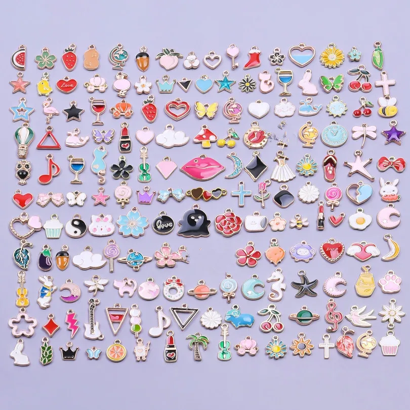 20/30/50Pcs/Lot Random Enamel Cross Heart Animal Flowers Fruits Charms For Diy Pendant Jewelry Making Accessories Wholesale Bulk