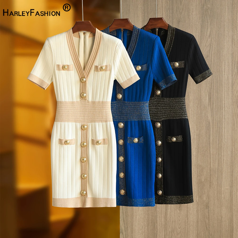 3 Colors Gorgeous Black/Blue/White Short Sleeve V-neck Gold Thread Bling Sheath Buttons Street Slim Knitted Women Mini Dress