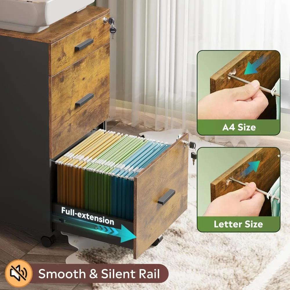 خزانة ملفات خشبية دوارة بثلاثة أدراج مع قفل، مناسبة لوثائق حجم الحروف/A4، بني ريفي للاستخدام المنزلي والمكاتب