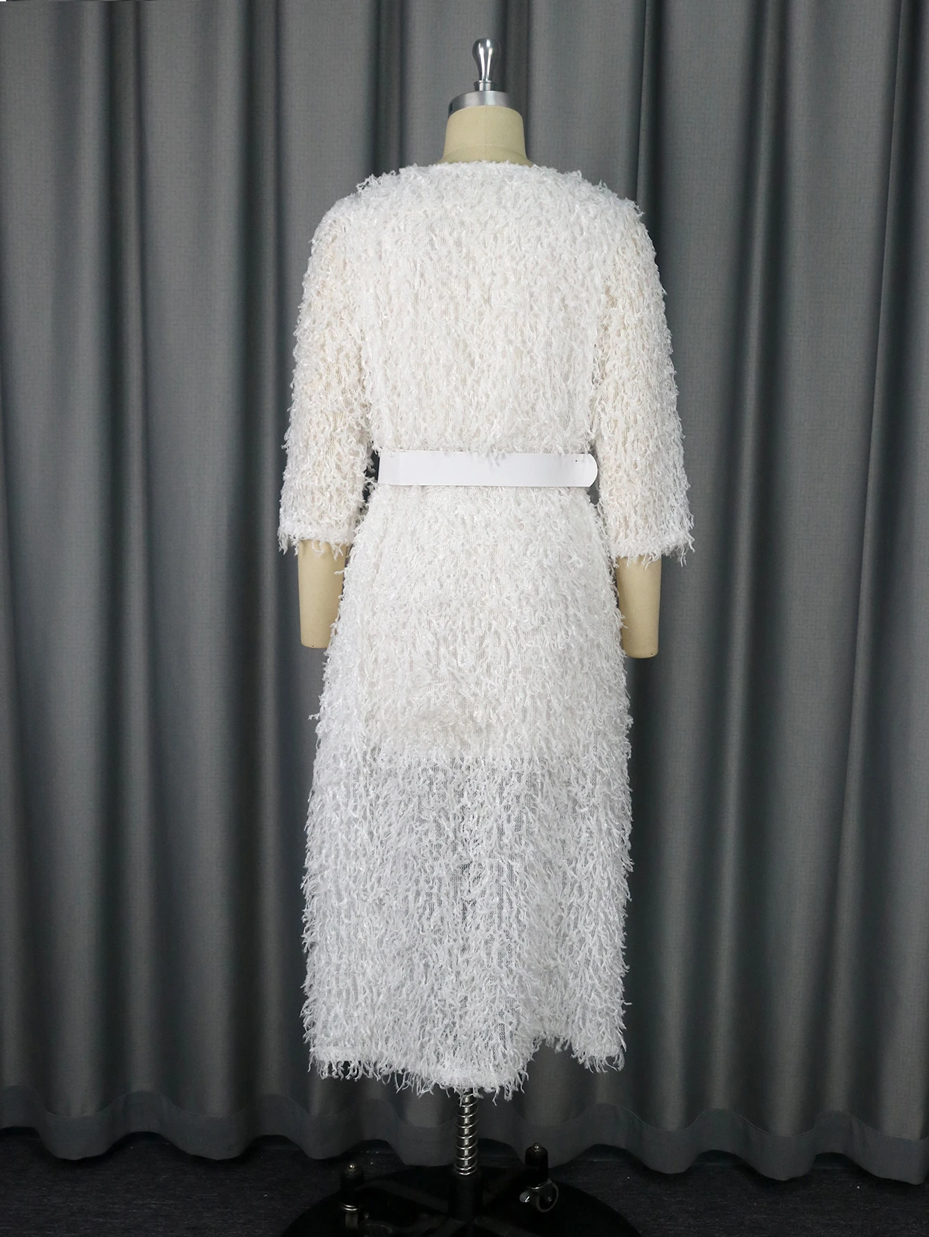 Women White Fur Dresses 3/4 Sleeves Tassel Elegant Fluffy Midi Dress with Belt Fall Winter Luxury Party Club Night Gowns