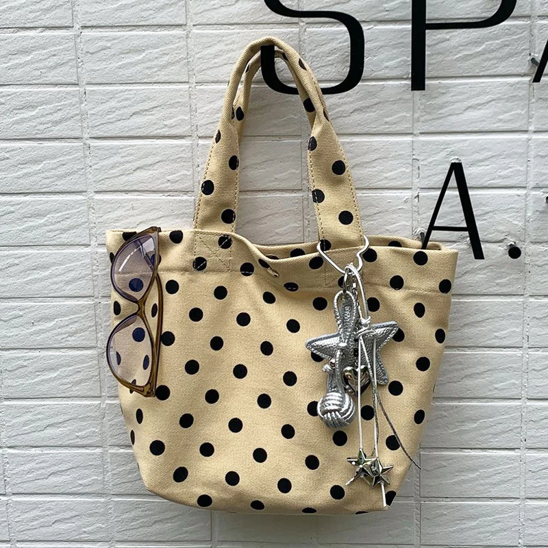 Small Polka Dot Pattern Canvas tote Bag For Women Luxury Designer Handbag And Purse 2026 New In Top handle Button Cloth Shoulder