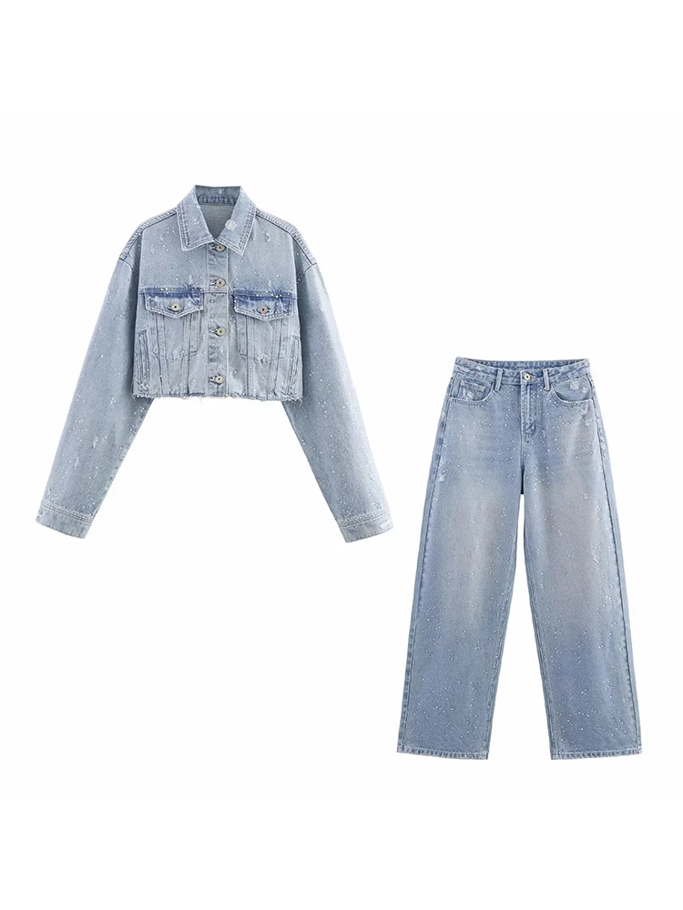 Women Water Drill Decoration Denim Trouser Set Fashion Trend Turn-down Collar Single Breasted jacket + Chic Women Leg Long Pant