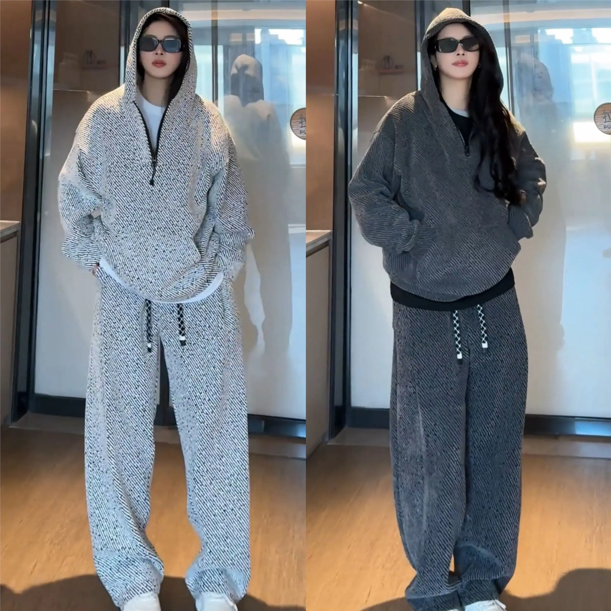 Silver Thread Casual Sportswear Set Men's Wide Leg Straight Pants Hoodie Autumn New Style Polyester Fiber Long Sleeve Long Pants
