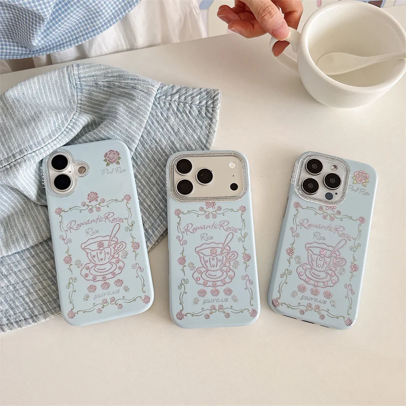 

Romantic Rose Tea Cup Phone Case For iPhone 15 16 17 Promax Cute Blue Floral Clear Lens Cover Shockproof Soft Silicone Back Skin