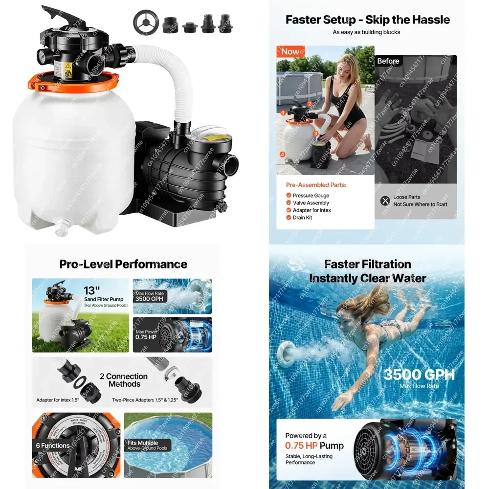 13-Inch Sand Filter Pump For Above Ground Pools 0.75 HP 3500 GPH With Pre-Assembled Core Leak For Swimming Pool Filtering