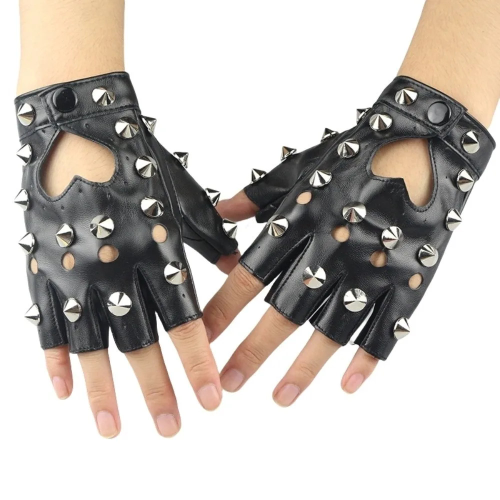

Personality Fingerless Rivet Gloves Leopard Print PU Leather Half-palm Gloves Hip-Pop Punk Patent Leather Gloves Nightclub