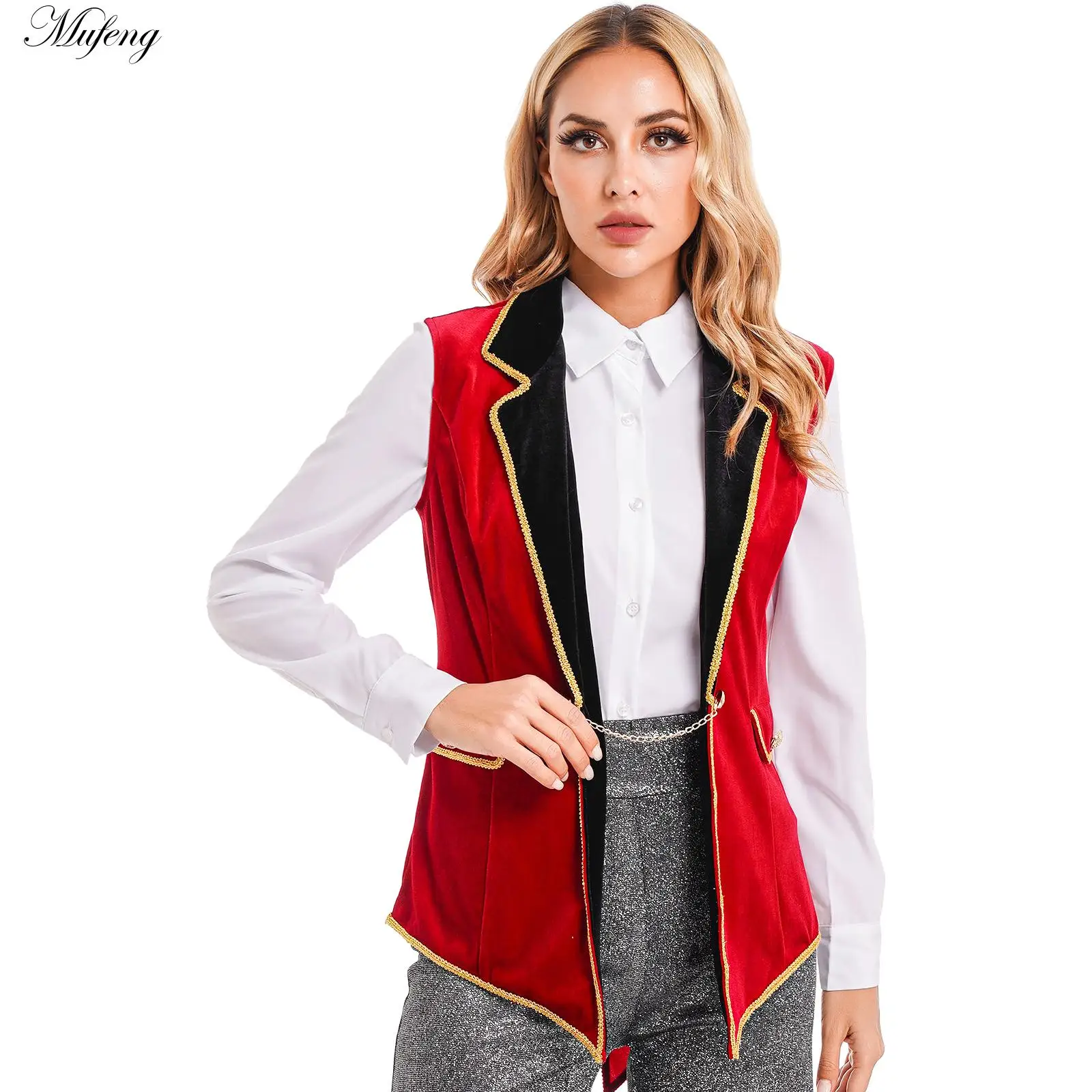 Womens Halloween Showman Wizard Cosplay Costume Circus Ringmaster Tailcoat Lapel Sleeveless Red Velvet Vintage Jacket Outerwear