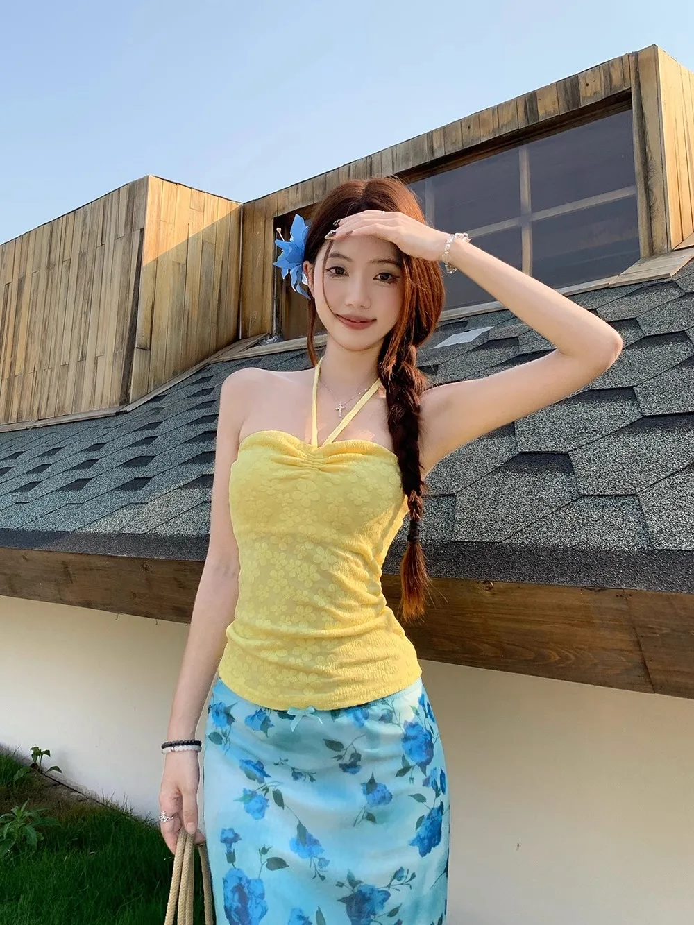 Yellow Pure Desire Neck Hanging Strap Vest Women's Backless Integrated Cup Fixed Sexy Underwear Top Cotton Sweet Style