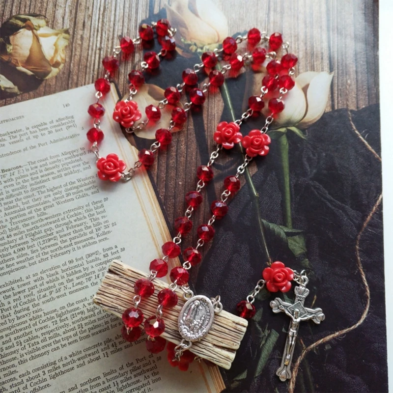 Rose Rosary Catholic Necklace for Cross Pendant Crucifix Prayer Religious Jewelr