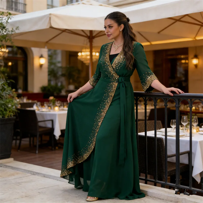 

Eid Muslim Sets for Women Diamonds Evening Party Dress Dubai Abaya Kimono Cardigan Islam Jalabiya Caftan Marocain Femme Robe 2pc