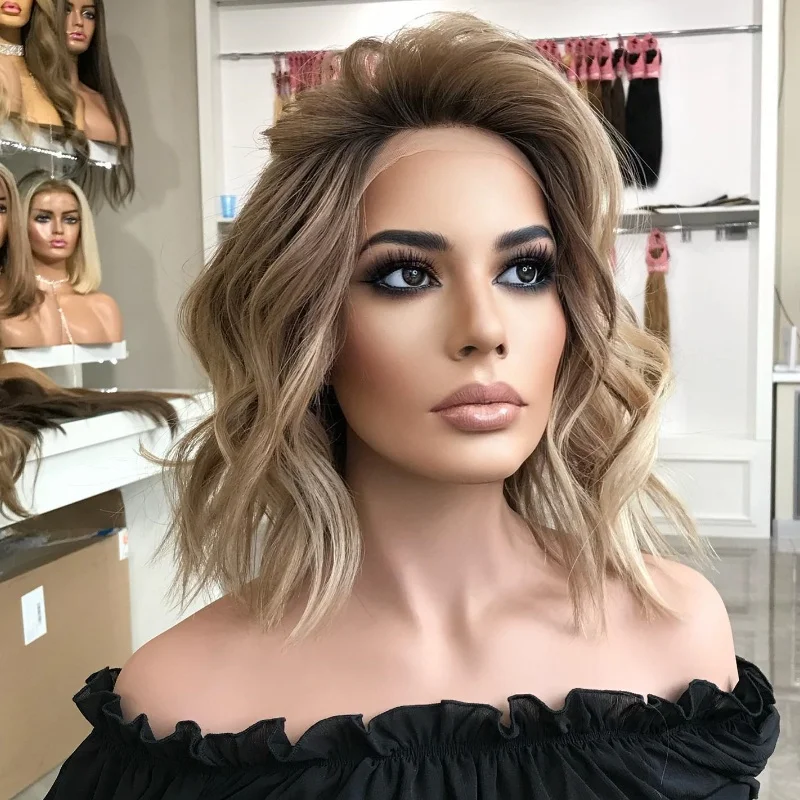 

Highlights Soft Ash Brown Dark Roots Body Wavy Synthetic Lace Front Wigs Free Part Transparent Lace Front Wigs Glueless Wigs