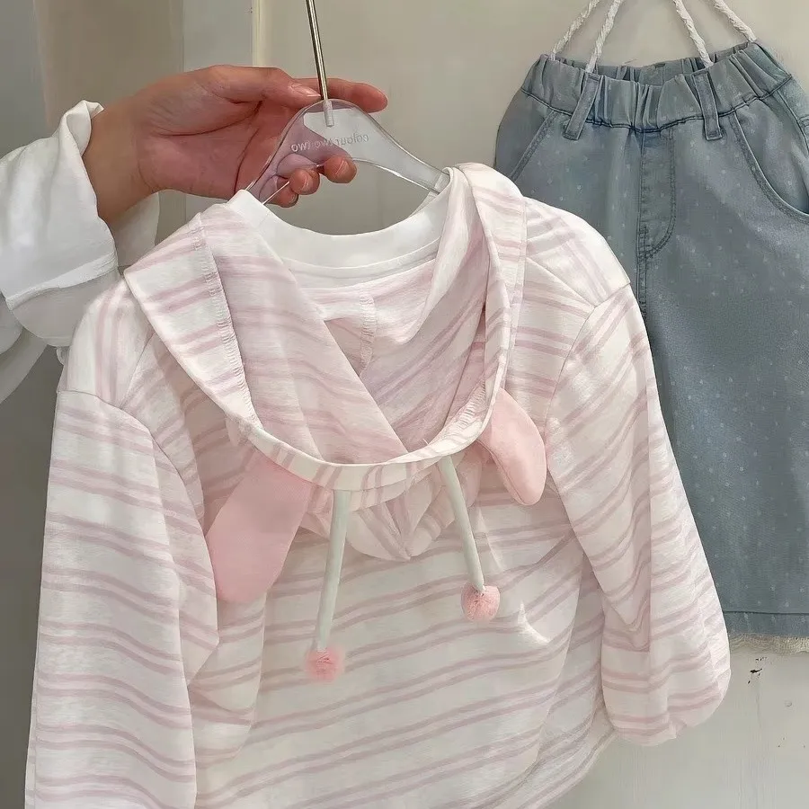 Girls Summer Sun Protection Jacket New Fashion Kids Korean Style Striped Hooded Cardigan Thin Air Conditioning Shirt
