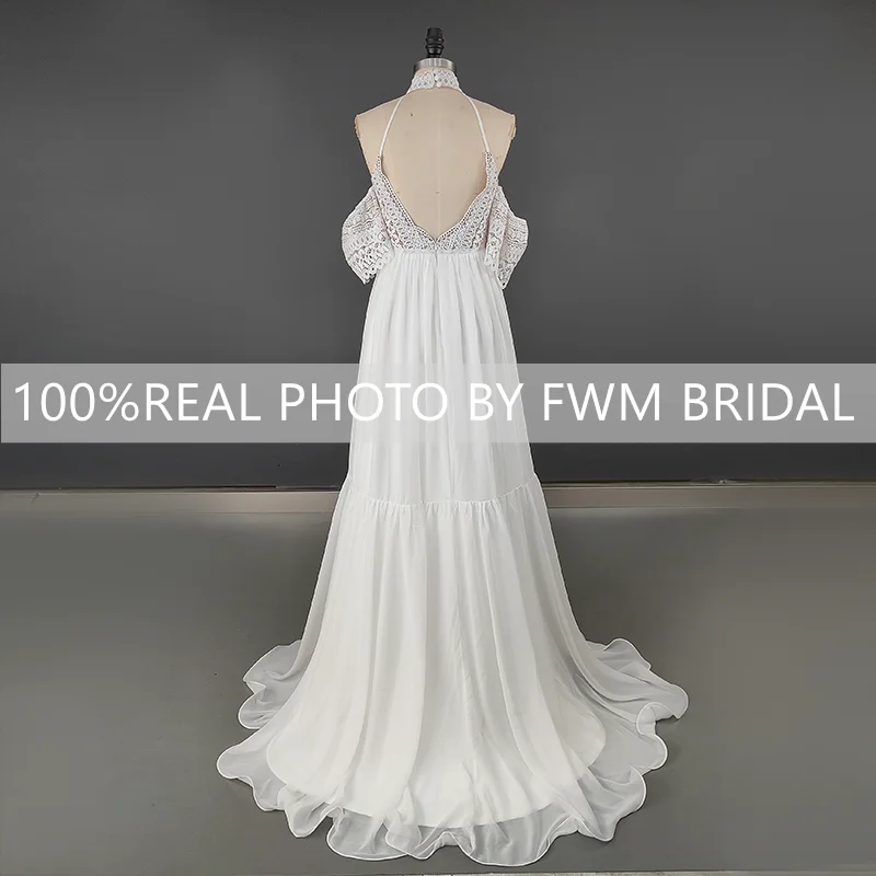 4044# Real Photos Off Shoulder Beach Sweep Train Bohemia Wedding Dress Halter Neck Customized Backless Soft Chiffon Bridal Gown