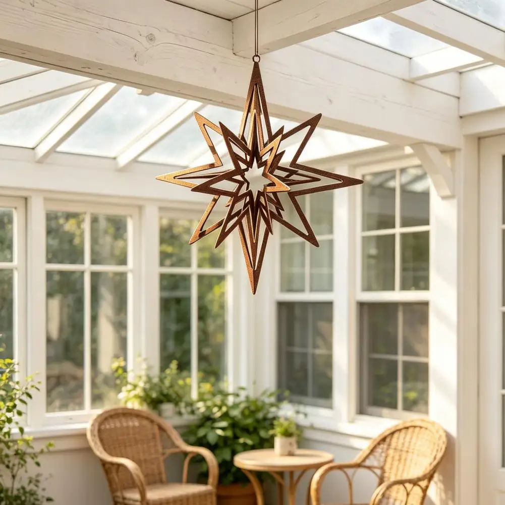 Metal Wind Spinner 3D Eight-pointed Star/Heart Garden Hanging Decor Reflective Outdoor Patio Decoration Wind Chime