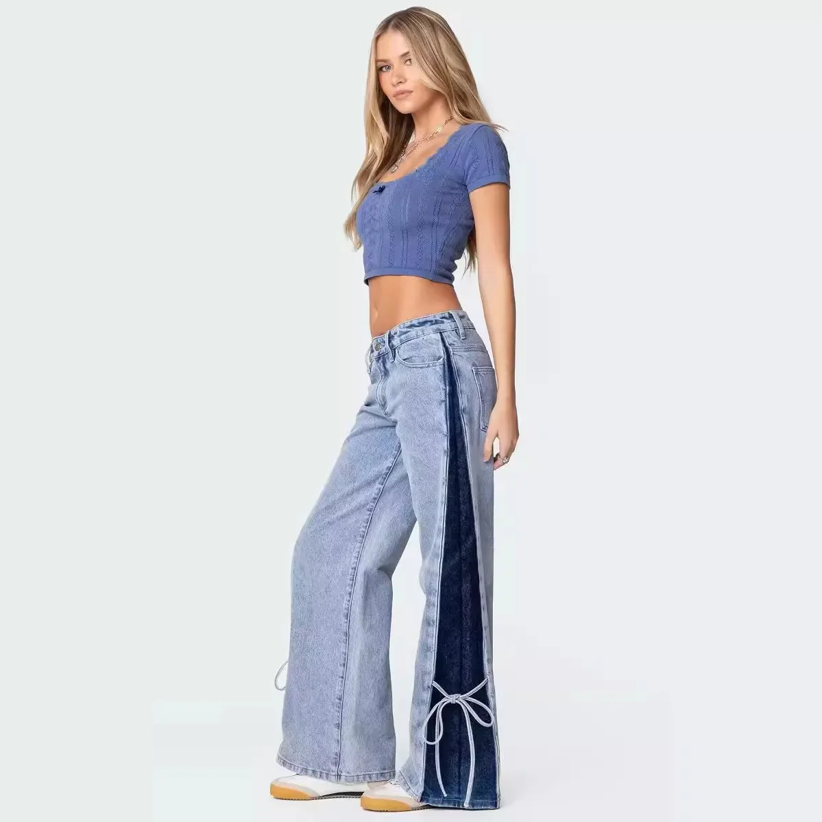 デニムワイドレッグパンツ女性ジーンズパッチワークレースアップウォッシュ加工ポケット 2025 ストリートストレートパンツ Y2k ストリート
