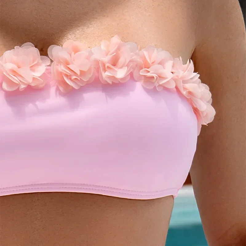 섹시 핑크 비키니 수영복 크로스보더 스트랩리스 레이스 트림 수영복 여성 패션 수영복 탱키니 세트 비치웨어