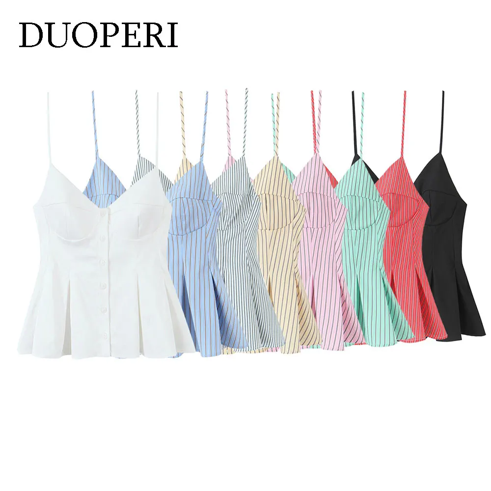 DUOPERI mujeres 2025 nueva moda popelina a rayas camisola con espalda descubierta correas finas cuello en V Mujer Chic señora Casual Mujer Tops