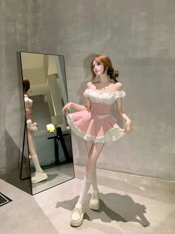 バレエスタイルオフショルダー水玉ウエスト締めドレスピンクウエストベルトプリンセスドレスレディースファッション春夏ドレス