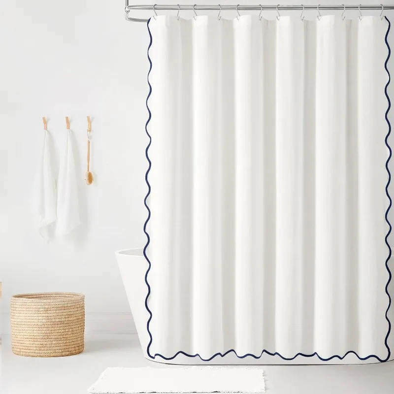 

Coastal Chic Scallop Edge Linen Textured Shower Curtain Navy/White Single 72x72 - Elegant Affordable Luxury Chic Charm