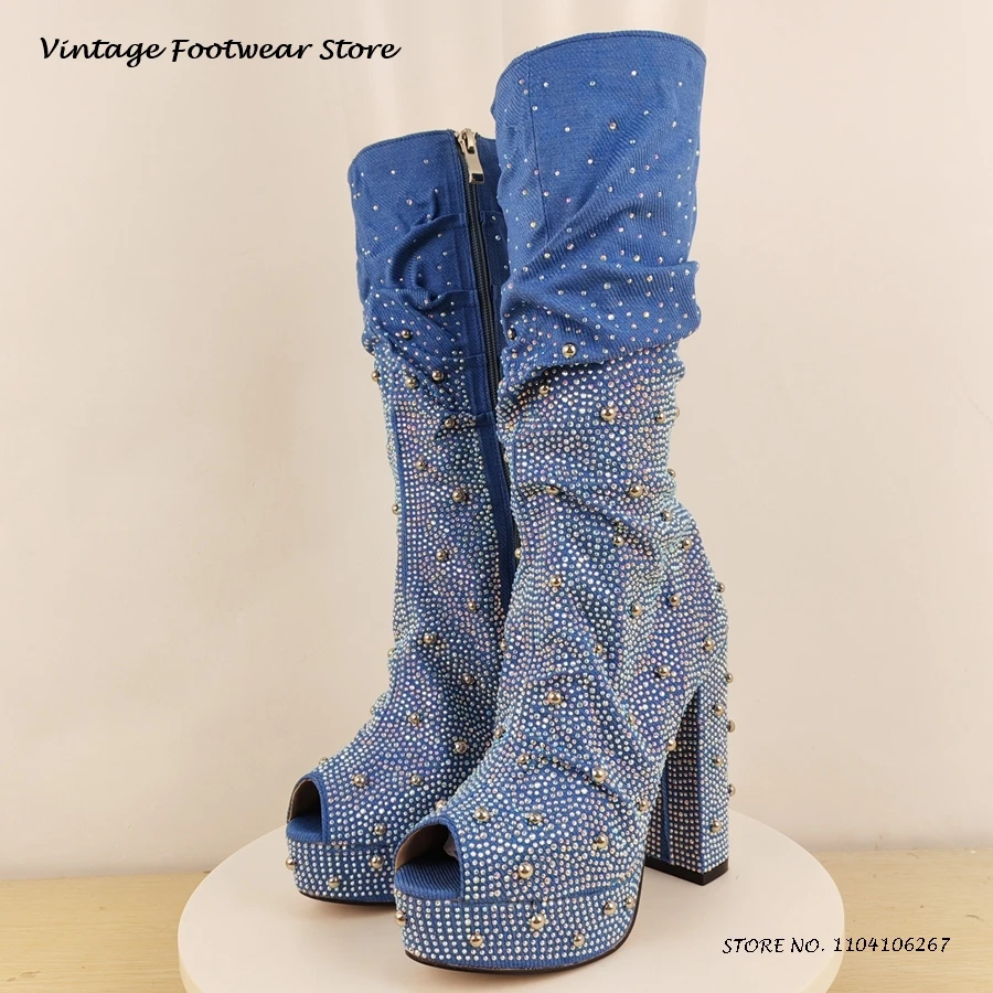 Bling Crystal Embellished Platform Booties Peep Toe Chunky Heel Party Evening Shoes Women's Fashion Side Zipper Mid-calf Boots