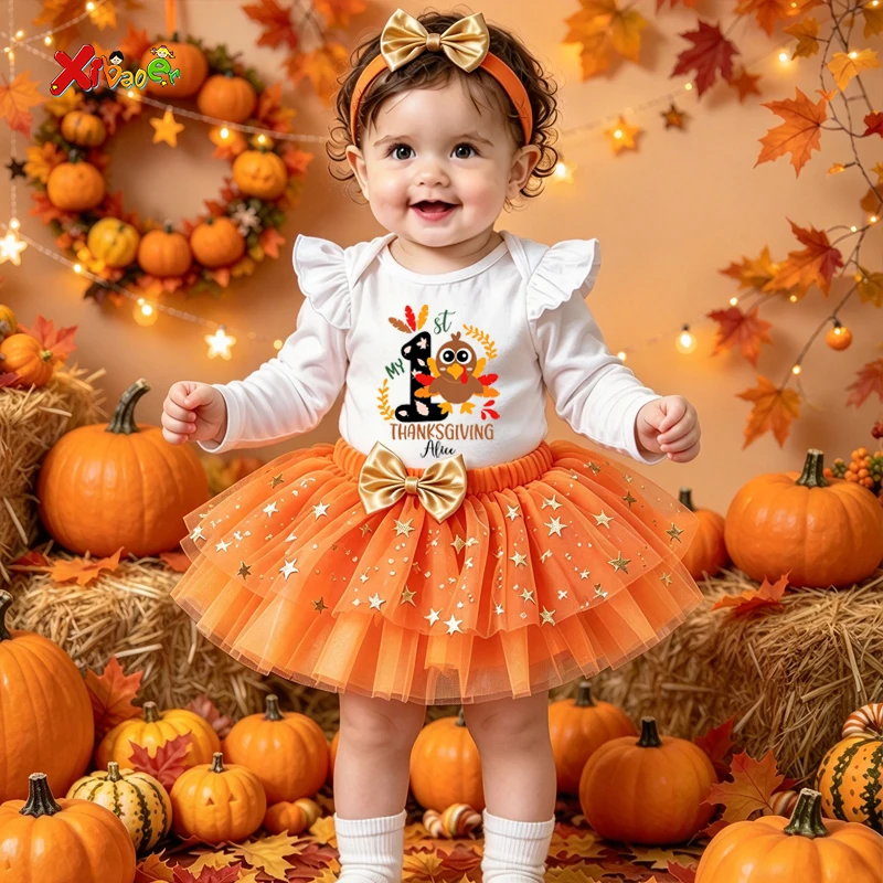 My First Thanksgiving Outfits Personalized Baby Girl 1st Thanksgiving Outfit Custom Turkey Ruffle Romper Tutu Skirt Fall Holiday
