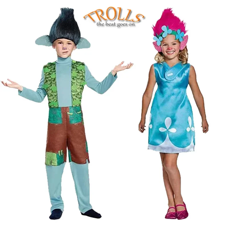 Trolls Branch Poppy Children Cosplay Costume Cartoon Trolls Wigs Oys Girls Role Play Stage Costume Kawaii Clothes Kids Xmas Gift