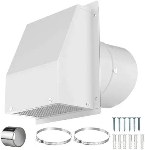 

4" Galvanized Steel Hooded Wall Vent Cover with Screen & Damper – Universal Outdoor Exhaust Cap for Dryer, Bathroom, HVAC – Incl