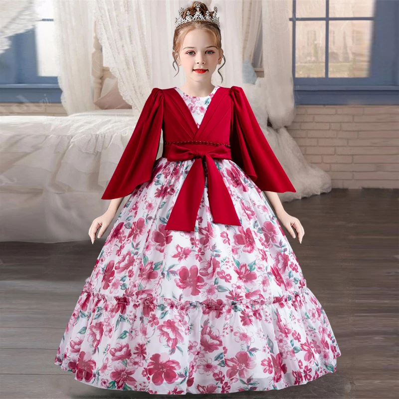 Girl\'s Pearl Bow Princess Dress 2024 New Fashion Printed Casual Dress Fashion Elegant Carnival Birthday Host Performance Dress