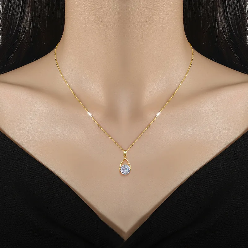 Classic Water Drop Zircon Pendant Necklace for Women Temperament Gold Color Stainless Steel Collarbone Chain Jewelry Colorfast