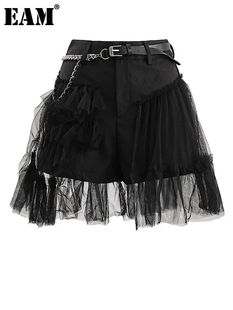 [EAM] Women Black Mesh Spliced Belted Elegant Wide Leg Shorts New High Waist Trousers Fashion Tide Spring Summer 2024 CPG1531