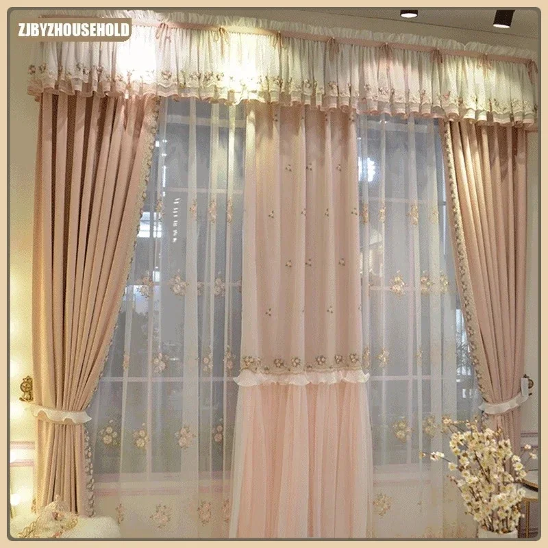 

Girls and Children Pink Lace Romantic Curtains for Living Dining Room Bedroom Princess Room Cotton and Linen Fabric Customized