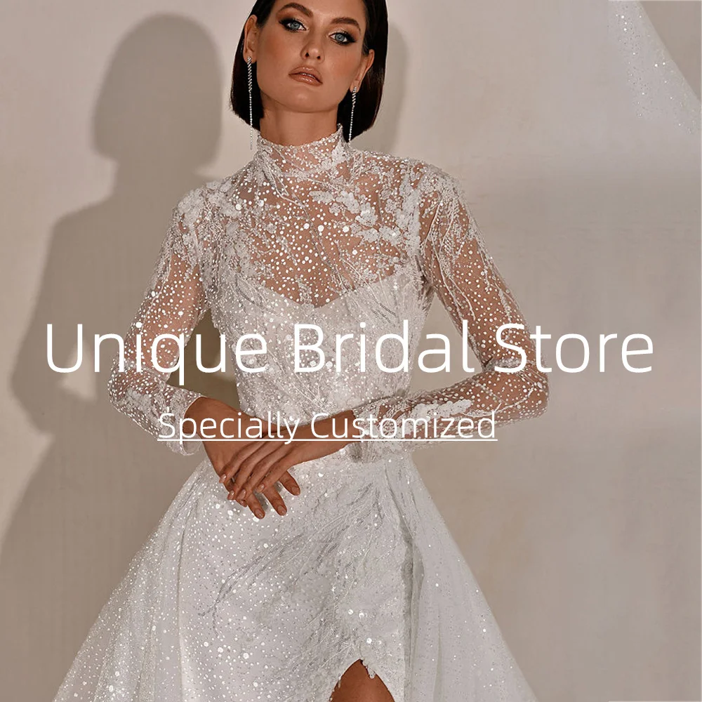 Customized Exquisite Wedding Dresses A-line Pretty Applique Elegant Full Sleeves High-neck Split Skirt Design Self-cultivation B