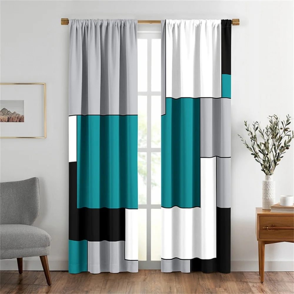 2PCS Abstract geometric stripes rectangles red black Modern Light Filtering Curtains for Living Room Bedroom Window Drape Decor