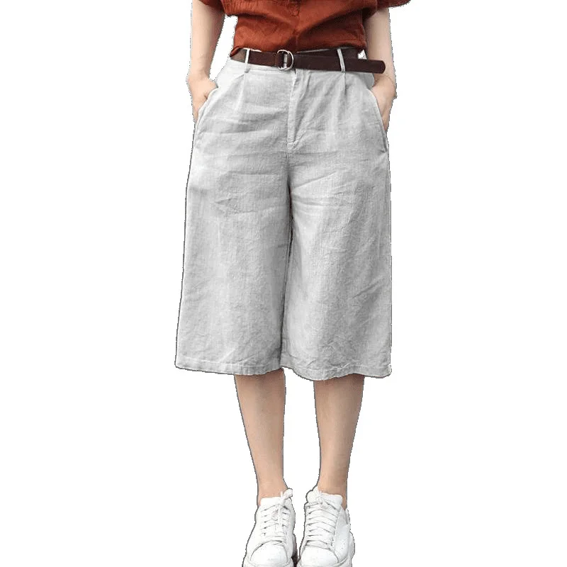 XIZOU Women's High Waist Wide Leg Cotton Linen Blend Five-Quarter Length Trousers Artistic Sle Commute Suitable Casual Pants