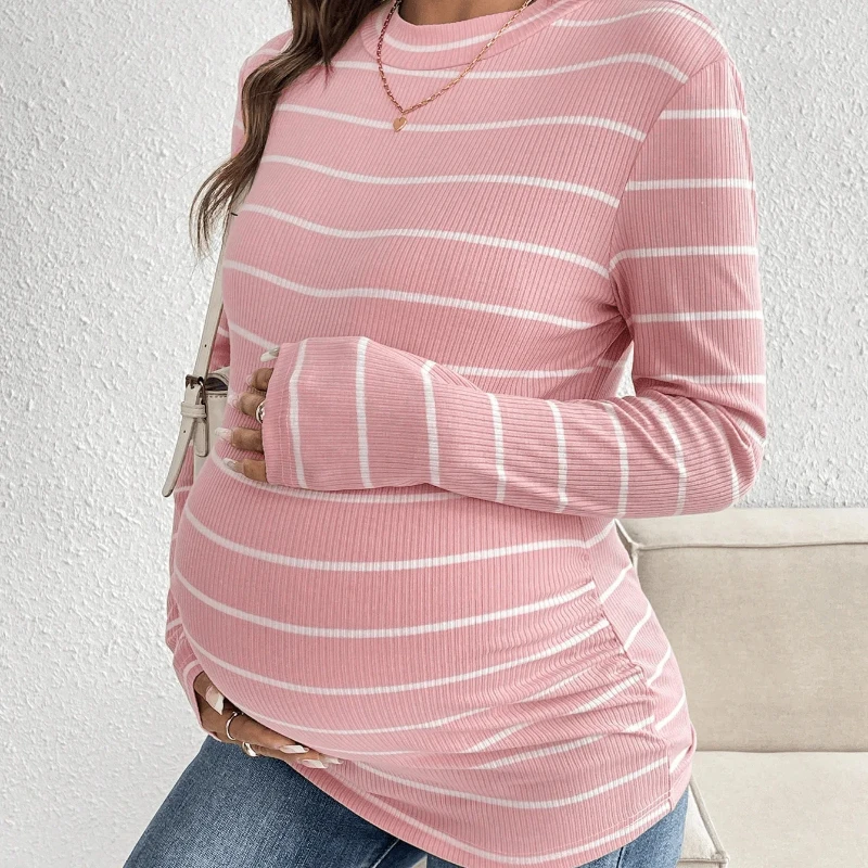 New pure cotton striped round-neck straight-shoulder long-sleeved maternity T-shirt