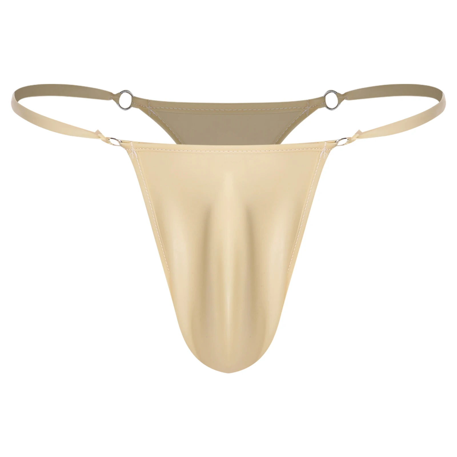 Mens Latex Underwear Solid Color Faux Leather Low Rise Bulge Pouch T-back Thongs O-Rings Linged Spaghetti Waistband G-strings