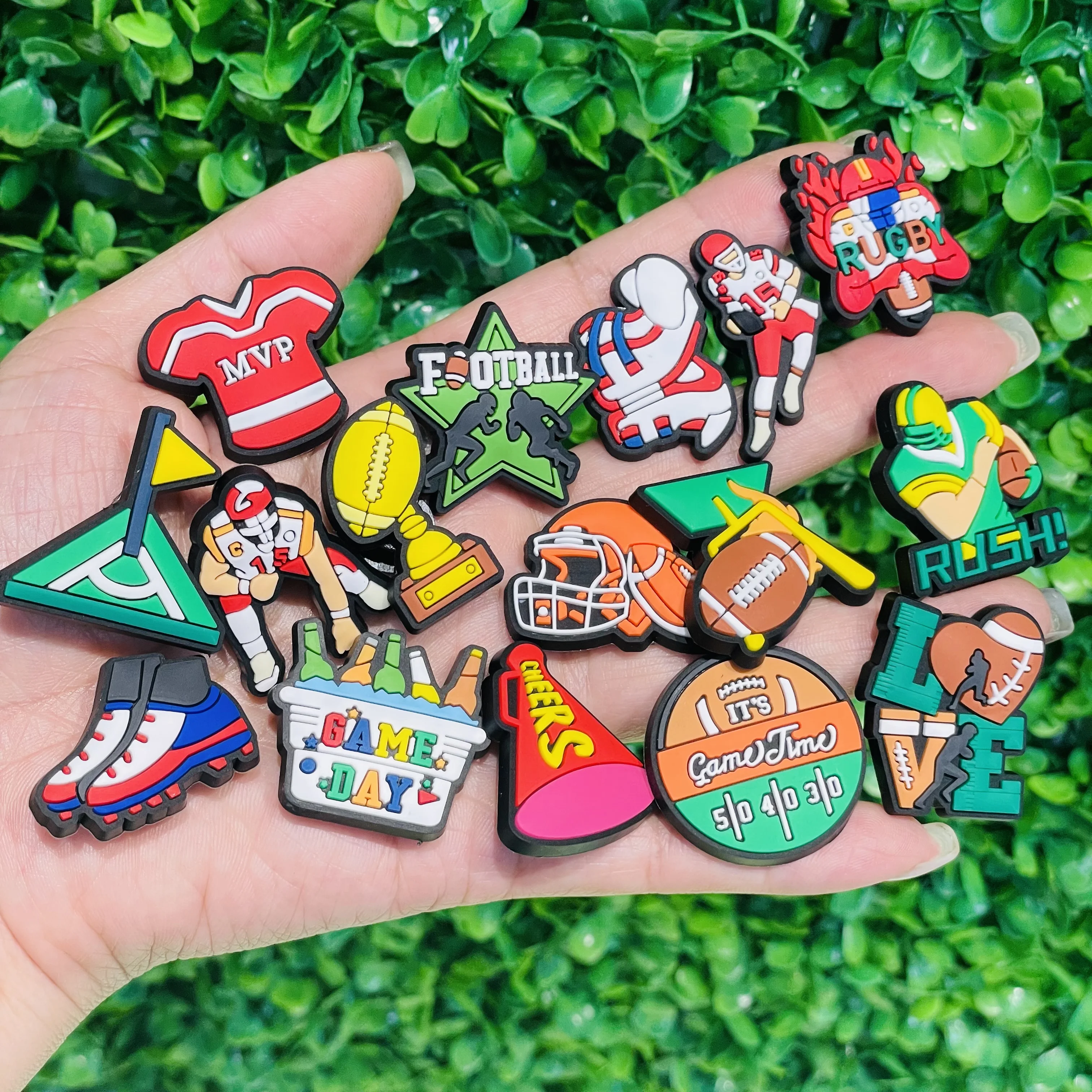 1-16Pcs Love Football Rygby Game Day Shoes Charms Boys Girls Badminton Sports Buckle Accessories DIY Party Gifts